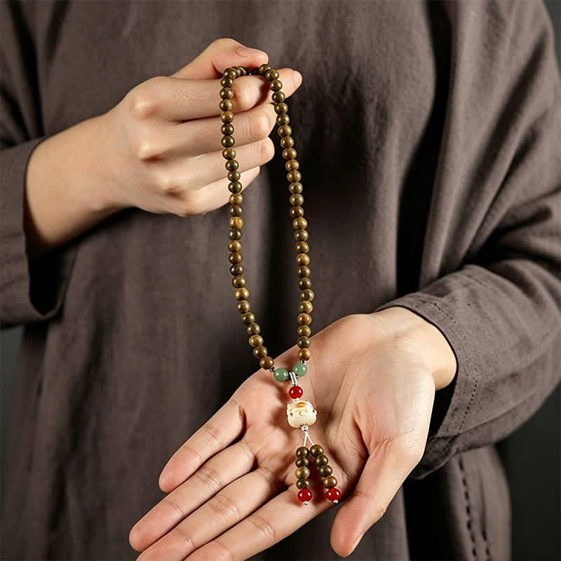 Buddha Stones Green Sandalwood Serenity Hand-Woven Cat Charm Retro Ethnic Mala - image 10
