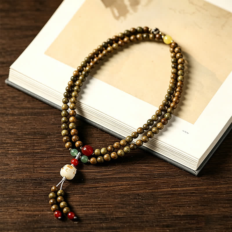 Buddha Stones Green Sandalwood Serenity Hand-Woven Cat Charm Retro Ethnic Mala - image 2
