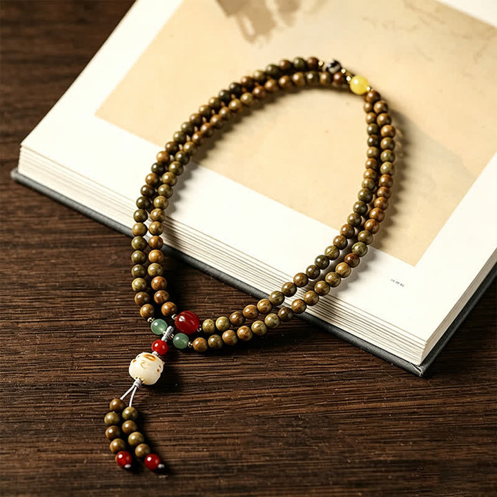 Buddha Stones Green Sandalwood Serenity Hand-Woven Cat Charm Retro Ethnic Mala - image 2