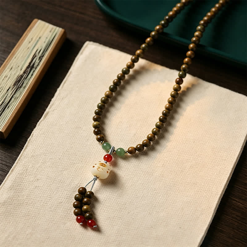 Buddha Stones Green Sandalwood Serenity Hand-Woven Cat Charm Retro Ethnic Mala - image 4