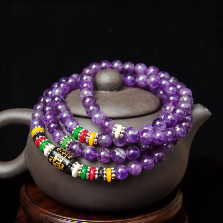 Buddha Stones Amethyst Om Mani Padme Hum Purity Prayer 108 Bead Mala - image 3