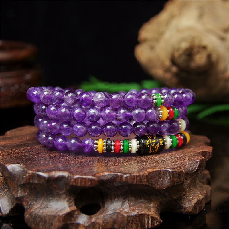 Buddha Stones Amethyst Om Mani Padme Hum Purity Prayer 108 Bead Mala - image 1