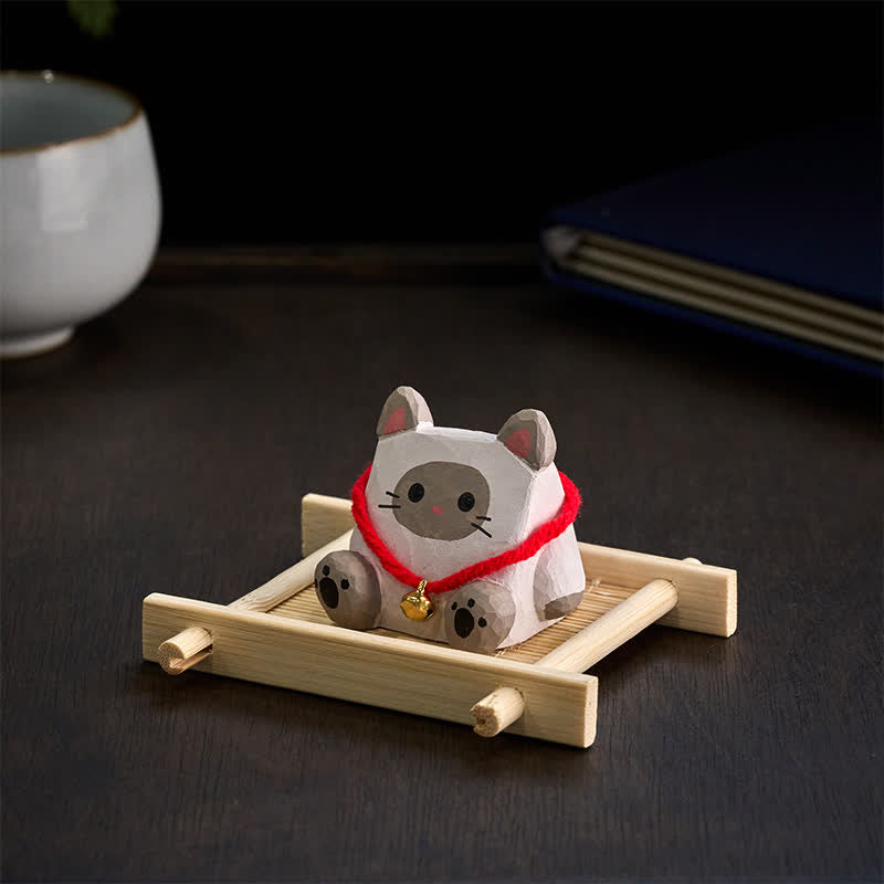 Buddha Stones Basswood Cute Animal Hand-Carved Desk Decoration - Cat - image 0