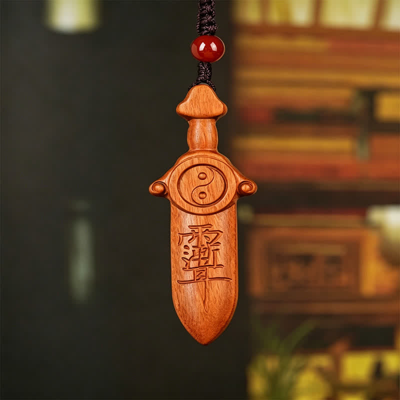 Buddha Stones Jujube Wood Yin Yang Balance Engraved Sword Keychains - image 2