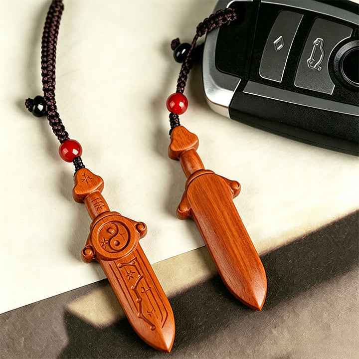 Buddha Stones Jujube Wood Yin Yang Balance Engraved Sword Keychains - image 3