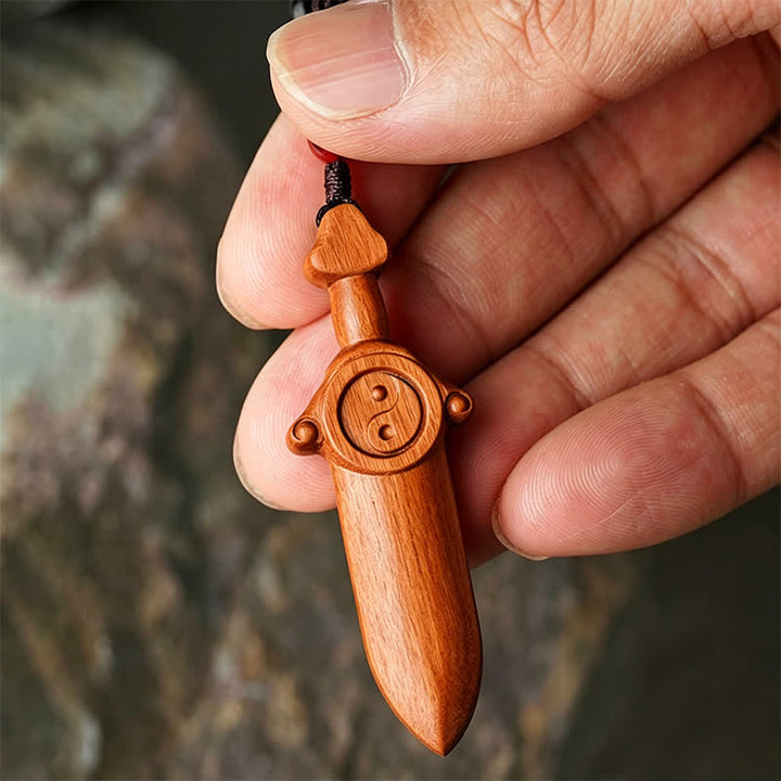 Buddha Stones Jujube Wood Yin Yang Balance Engraved Sword Keychains - image 9