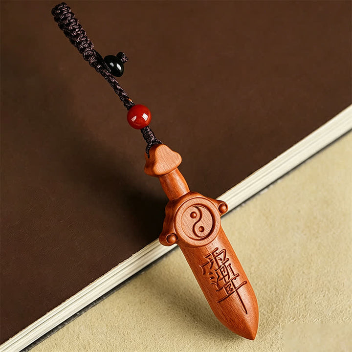 Buddha Stones Jujube Wood Yin Yang Balance Engraved Sword Keychains - Jujube Wood (Luck ♥ Protection) - image 0