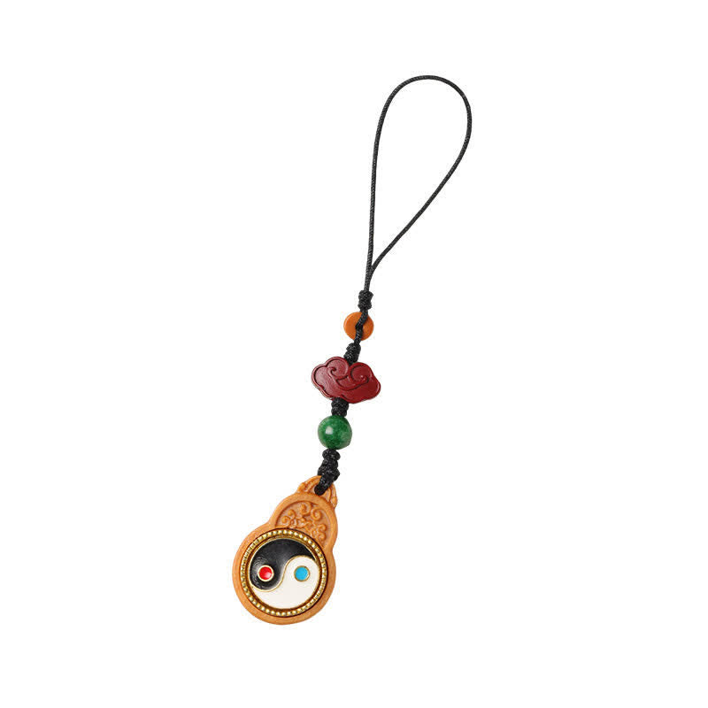 Buddha Stones Green Sandalwood Bagua Yin Yang Protection Gourd Phone Hanging Decoration - image 9