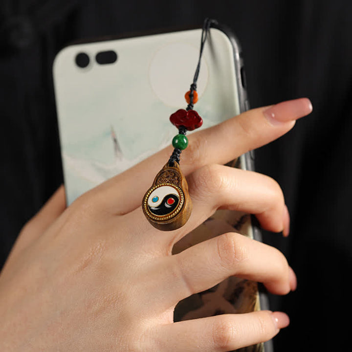 Buddha Stones Green Sandalwood Bagua Yin Yang Protection Gourd Phone Hanging Decoration - image 15