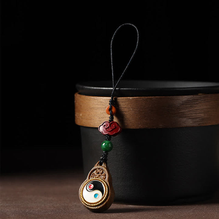 Buddha Stones Green Sandalwood Bagua Yin Yang Protection Gourd Phone Hanging Decoration - image 14