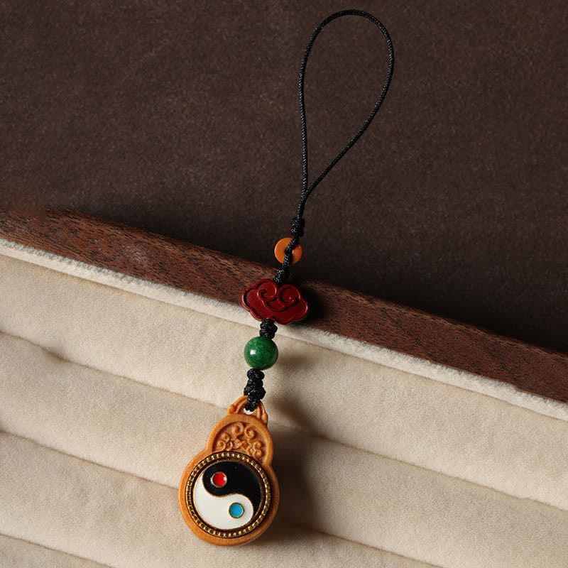Buddha Stones Green Sandalwood Bagua Yin Yang Protection Gourd Phone Hanging Decoration - image 3