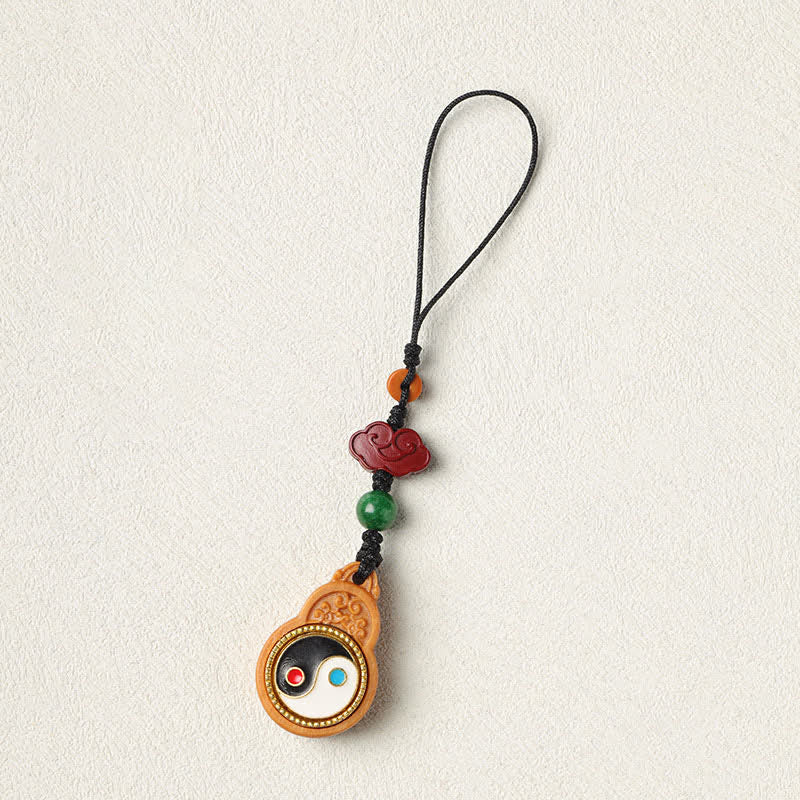 Buddha Stones Green Sandalwood Bagua Yin Yang Protection Gourd Phone Hanging Decoration - image 4