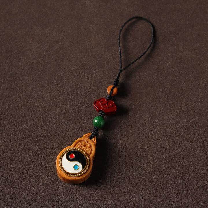 Buddha Stones Green Sandalwood Bagua Yin Yang Protection Gourd Phone Hanging Decoration - image 2