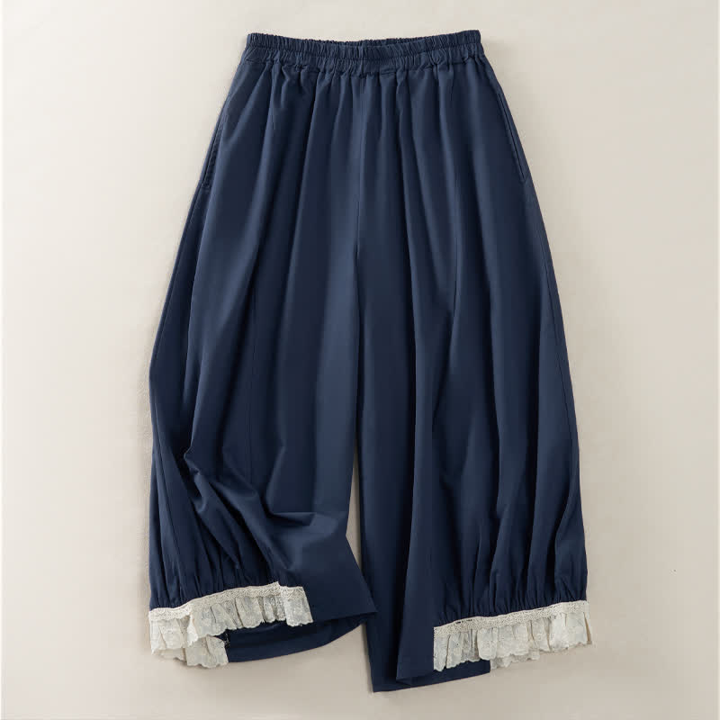 Buddha Stones Summer Casual Vintage Solid Cropped Pants Women's Wide Leg Pants With Pocket - MidnightBlue - US12, UK/AU16, EU44 (2XL) - image 0