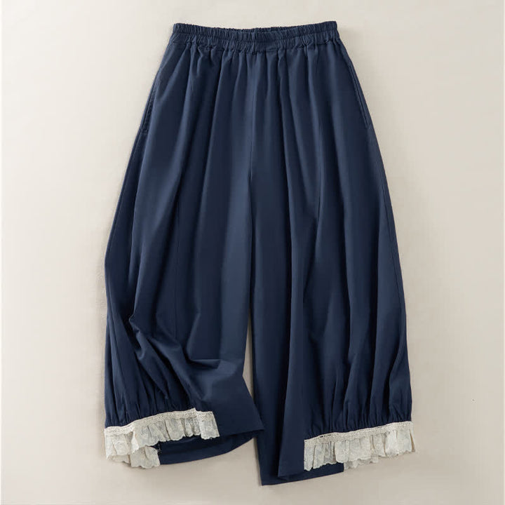 Buddha Stones Summer Casual Vintage Solid Cropped Pants Women's Wide Leg Pants With Pocket - MidnightBlue - US12, UK/AU16, EU44 (2XL) - image 0