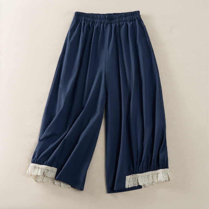 Buddha Stones Summer Casual Vintage Solid Cropped Pants Women's Wide Leg Pants With Pocket - image 2