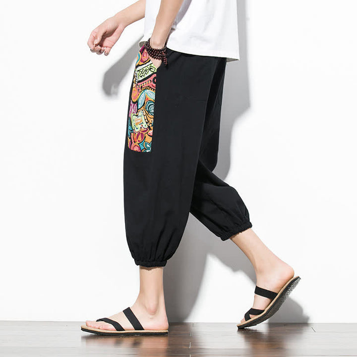 Buddha Stones Summer Casual Boho Drawstring Abstract Capri Pants Men's Harem Pants With Pocket - image 18