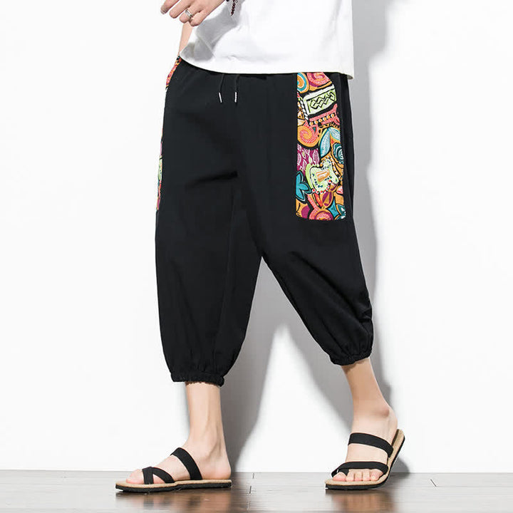 Buddha Stones Summer Casual Boho Drawstring Abstract Capri Pants Men's Harem Pants With Pocket - image 14