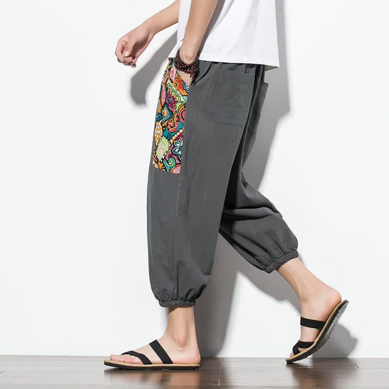 Buddha Stones Summer Casual Boho Drawstring Abstract Capri Pants Men's Harem Pants With Pocket - image 6