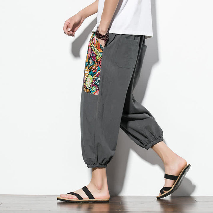 Buddha Stones Summer Casual Boho Drawstring Abstract Capri Pants Men's Harem Pants With Pocket - image 6
