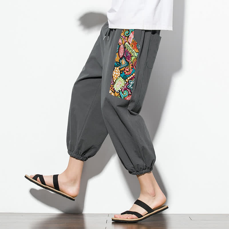 Buddha Stones Summer Casual Boho Drawstring Abstract Capri Pants Men's Harem Pants With Pocket - image 7