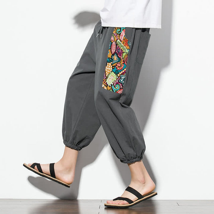 Buddha Stones Summer Casual Boho Drawstring Abstract Capri Pants Men's Harem Pants With Pocket - image 7