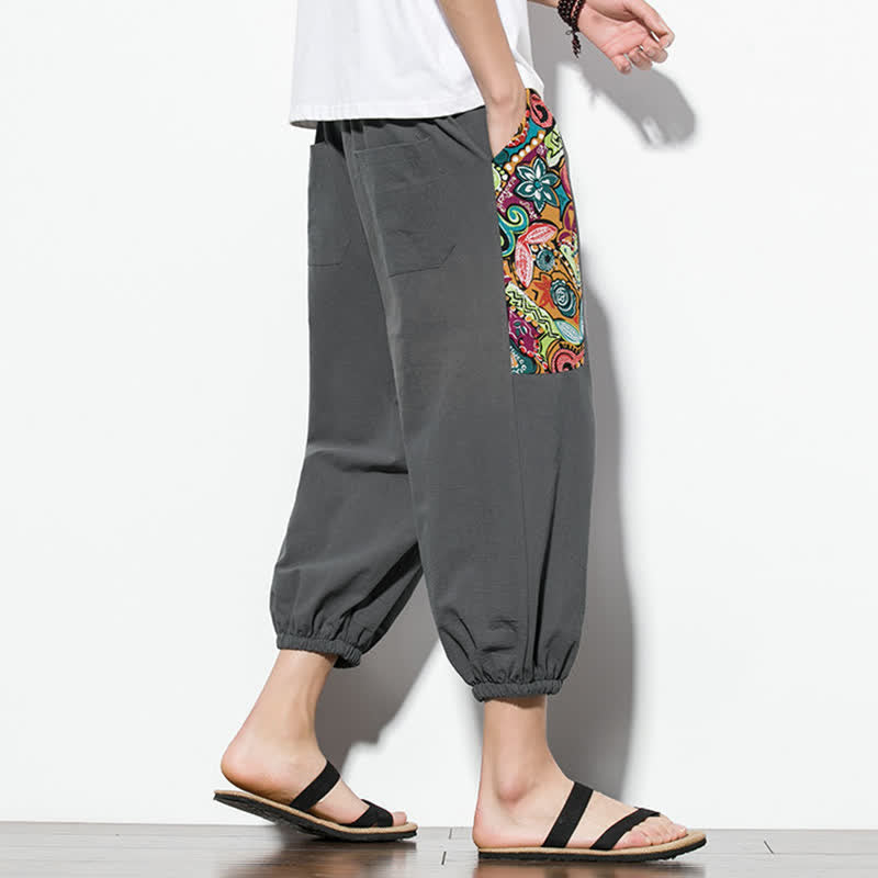 Buddha Stones Summer Casual Boho Drawstring Abstract Capri Pants Men's Harem Pants With Pocket - image 3