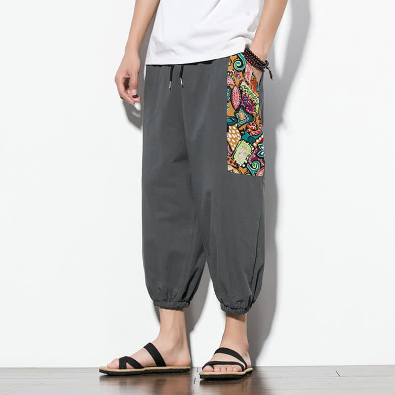 Buddha Stones Summer Casual Boho Drawstring Abstract Capri Pants Men's Harem Pants With Pocket - image 5