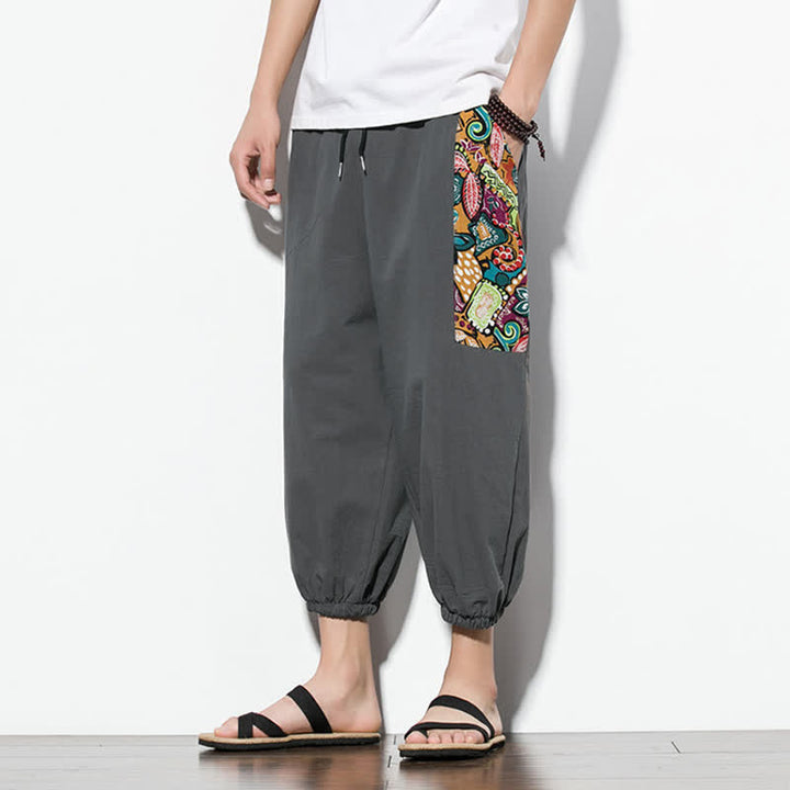 Buddha Stones Summer Casual Boho Drawstring Abstract Capri Pants Men's Harem Pants With Pocket - image 5