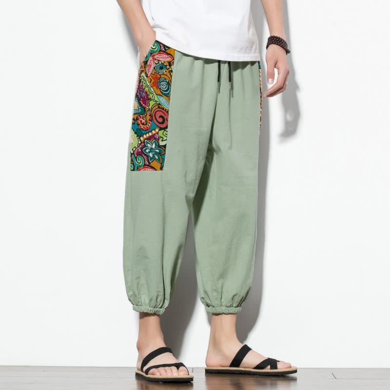 Buddha Stones Summer Casual Boho Drawstring Abstract Capri Pants Men's Harem Pants With Pocket - image 27