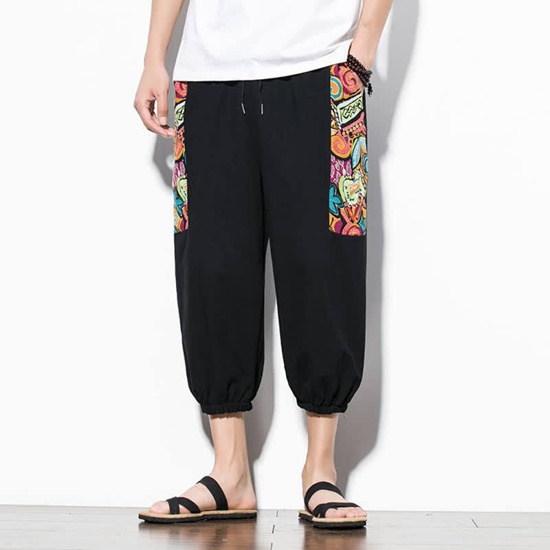 Buddha Stones Summer Casual Boho Drawstring Abstract Capri Pants Men's Harem Pants With Pocket - image 20