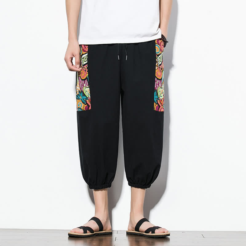 Buddha Stones Summer Casual Boho Drawstring Abstract Capri Pants Men's Harem Pants With Pocket - Black - US/UK/AU46, EU56 (5XL) - image 13