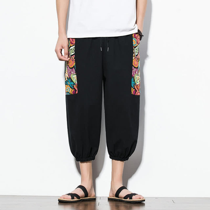 Buddha Stones Summer Casual Boho Drawstring Abstract Capri Pants Men's Harem Pants With Pocket - Black - US/UK/AU46, EU56 (5XL) - image 13