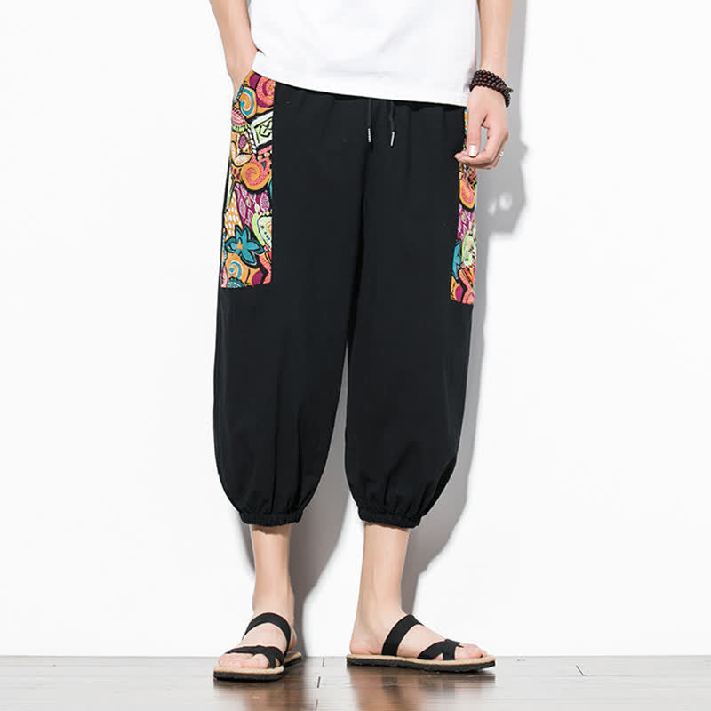 Buddha Stones Summer Casual Boho Drawstring Abstract Capri Pants Men's Harem Pants With Pocket - image 19