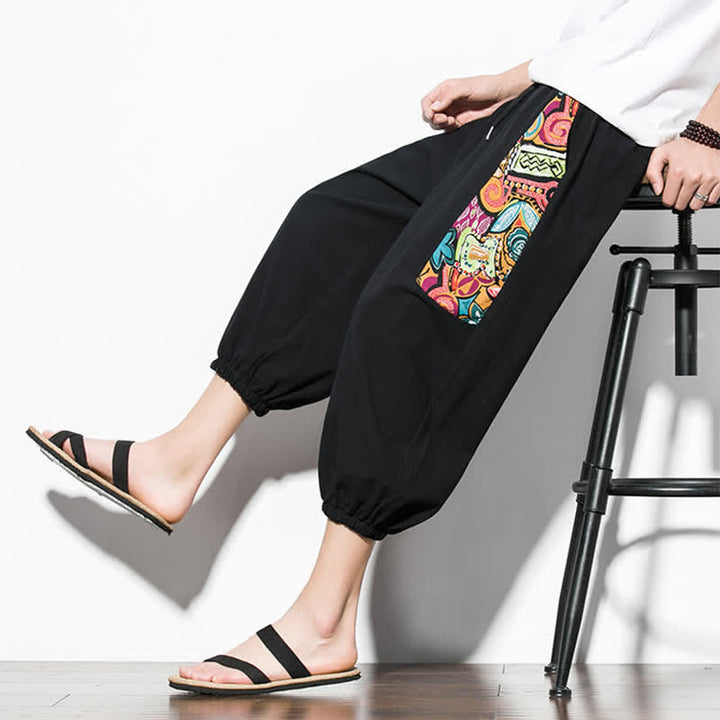 Buddha Stones Summer Casual Boho Drawstring Abstract Capri Pants Men's Harem Pants With Pocket - image 21