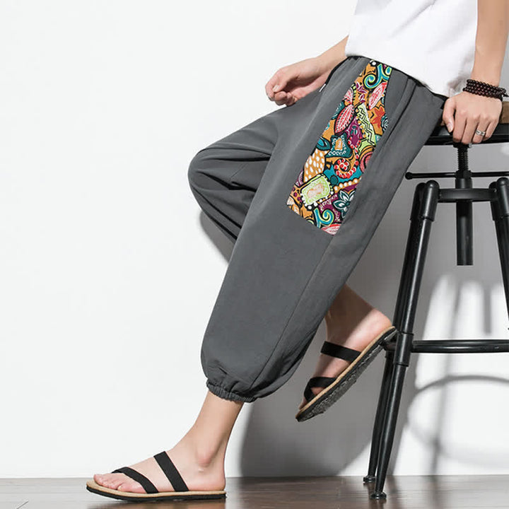 Buddha Stones Summer Casual Boho Drawstring Abstract Capri Pants Men's Harem Pants With Pocket - image 8