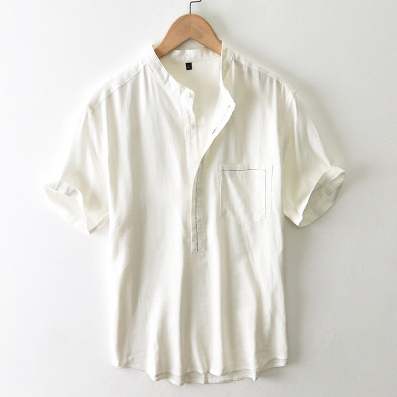 Buddha Stones Summer Casual Tang Style Mandarin Collar Button-Up Solid Men's Short Sleeve Shirts With Pocket - AntiqueWhite - US/UK/AU42, EU52 (3XL) - image 0
