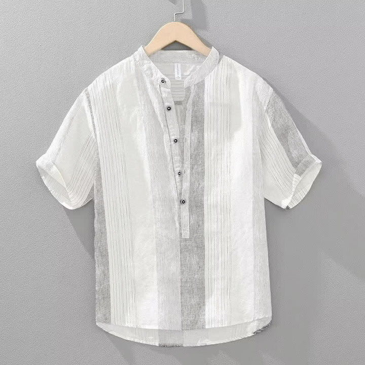 Buddha Stones Summer Casual Tang Style Mandarin Collar Striped Men's Short Sleeve Shirts - Whitesmoke - US/UK/AU42, EU52 (3XL) - image 0