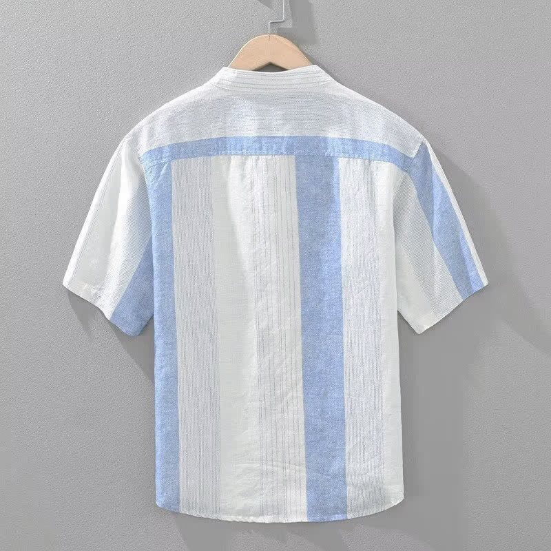 Buddha Stones Summer Casual Tang Style Mandarin Collar Striped Men's Short Sleeve Shirts - image 2