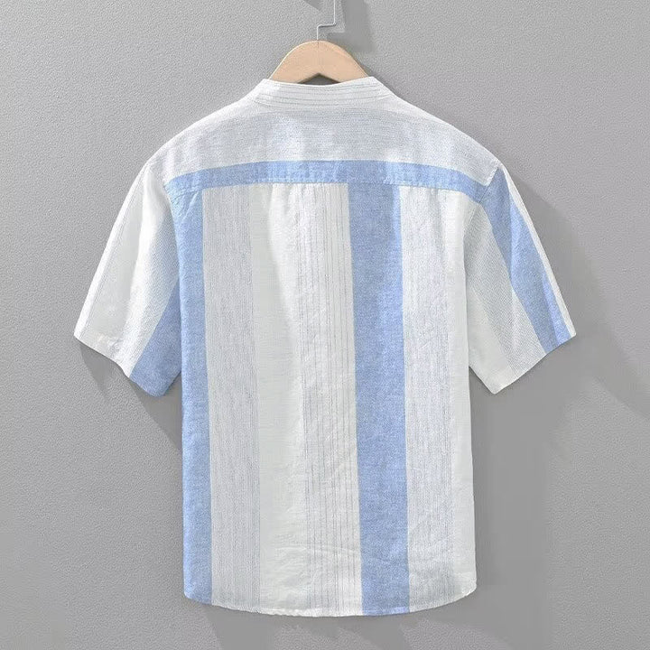 Buddha Stones Summer Casual Tang Style Mandarin Collar Striped Men's Short Sleeve Shirts - image 2