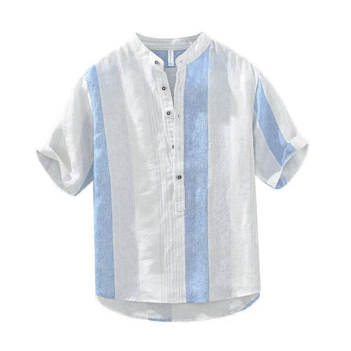 Buddha Stones Summer Casual Tang Style Mandarin Collar Striped Men's Short Sleeve Shirts - image 3