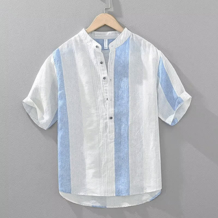Buddha Stones Summer Casual Tang Style Mandarin Collar Striped Men's Short Sleeve Shirts - PowderBlue - US/UK/AU42, EU52 (3XL) - image 1