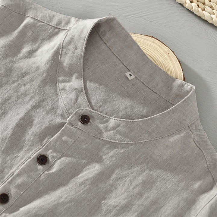 Buddha Stones Summer Tang Style Casual Mandarin Collar Button Up Solid Men's Short Sleeve Shirts - image 5