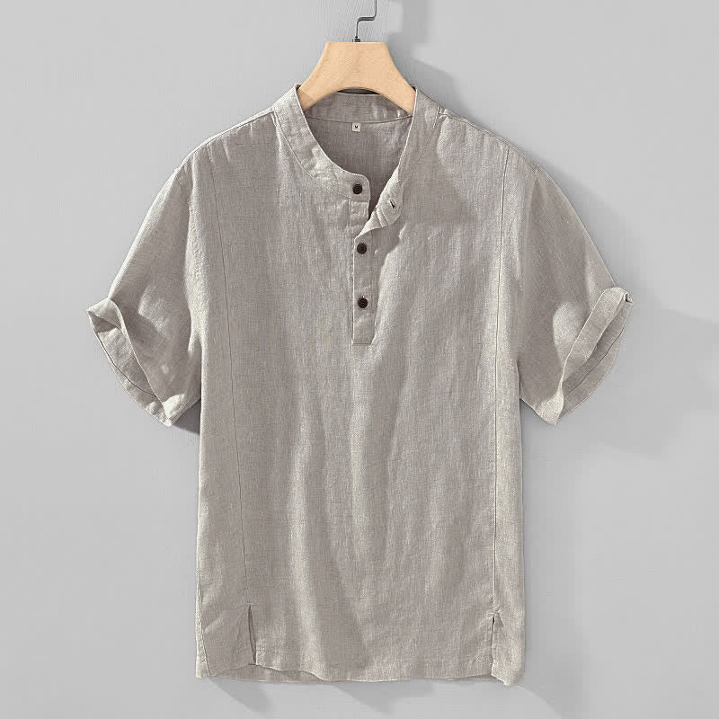 Buddha Stones Summer Tang Style Casual Mandarin Collar Button Up Solid Men's Short Sleeve Shirts - Gainsboro - US/UK/AU44, EU54 (4XL) - image 3