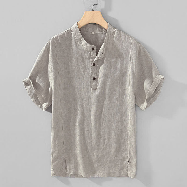 Buddha Stones Summer Tang Style Casual Mandarin Collar Button Up Solid Men's Short Sleeve Shirts - Gainsboro - US/UK/AU44, EU54 (4XL) - image 3