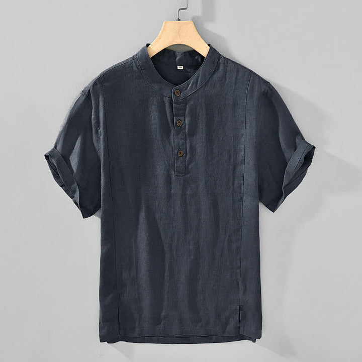 Buddha Stones Summer Tang Style Casual Mandarin Collar Button Up Solid Men's Short Sleeve Shirts - image 1
