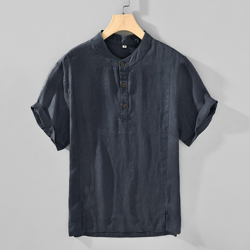 Buddha Stones Summer Tang Style Casual Mandarin Collar Button Up Solid Men's Short Sleeve Shirts - DimGray - US/UK/AU44, EU54 (4XL) - image 0