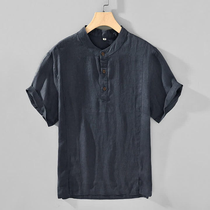 Buddha Stones Summer Tang Style Casual Mandarin Collar Button Up Solid Men's Short Sleeve Shirts - DimGray - US/UK/AU44, EU54 (4XL) - image 0
