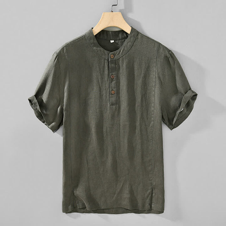 Buddha Stones Summer Tang Style Casual Mandarin Collar Button Up Solid Men's Short Sleeve Shirts - DarkOliveGreen - US/UK/AU44, EU54 (4XL) - image 8