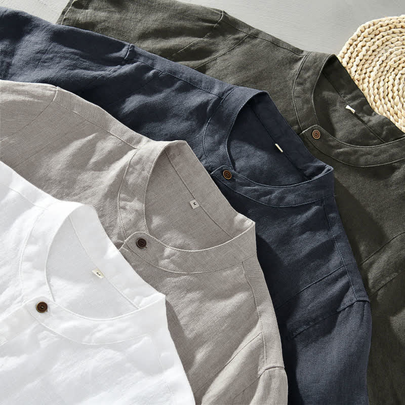 Buddha Stones Summer Tang Style Casual Mandarin Collar Button Up Solid Men's Short Sleeve Shirts - image 14
